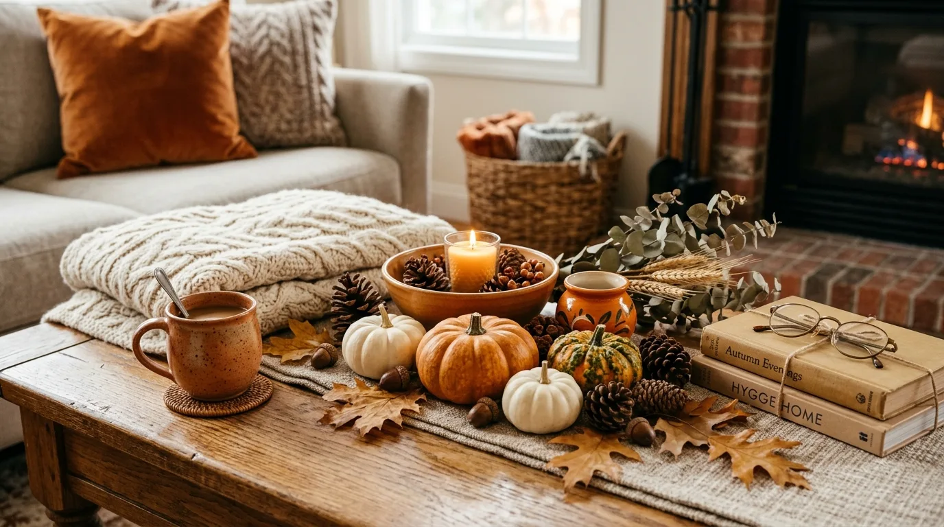 Warm up the coffee table with a simple seasonal vignette inspiration for an indoor fall living space.